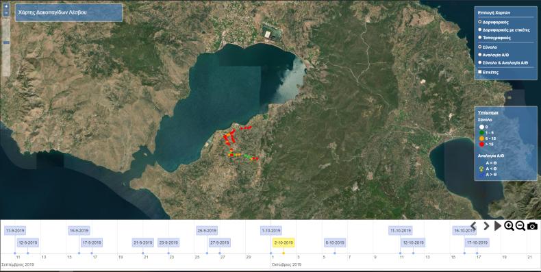  χάρτης που αποτυπώνει τις δακοπαγίδες στον Τομέα Πολιχνίτου - περιοχή Λισβορίου χρωματισμός με βάση τον δακοπληθυσμό